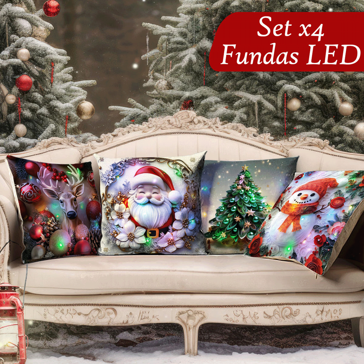 Set Fundas Navideñas x4 Con Luces SFN01